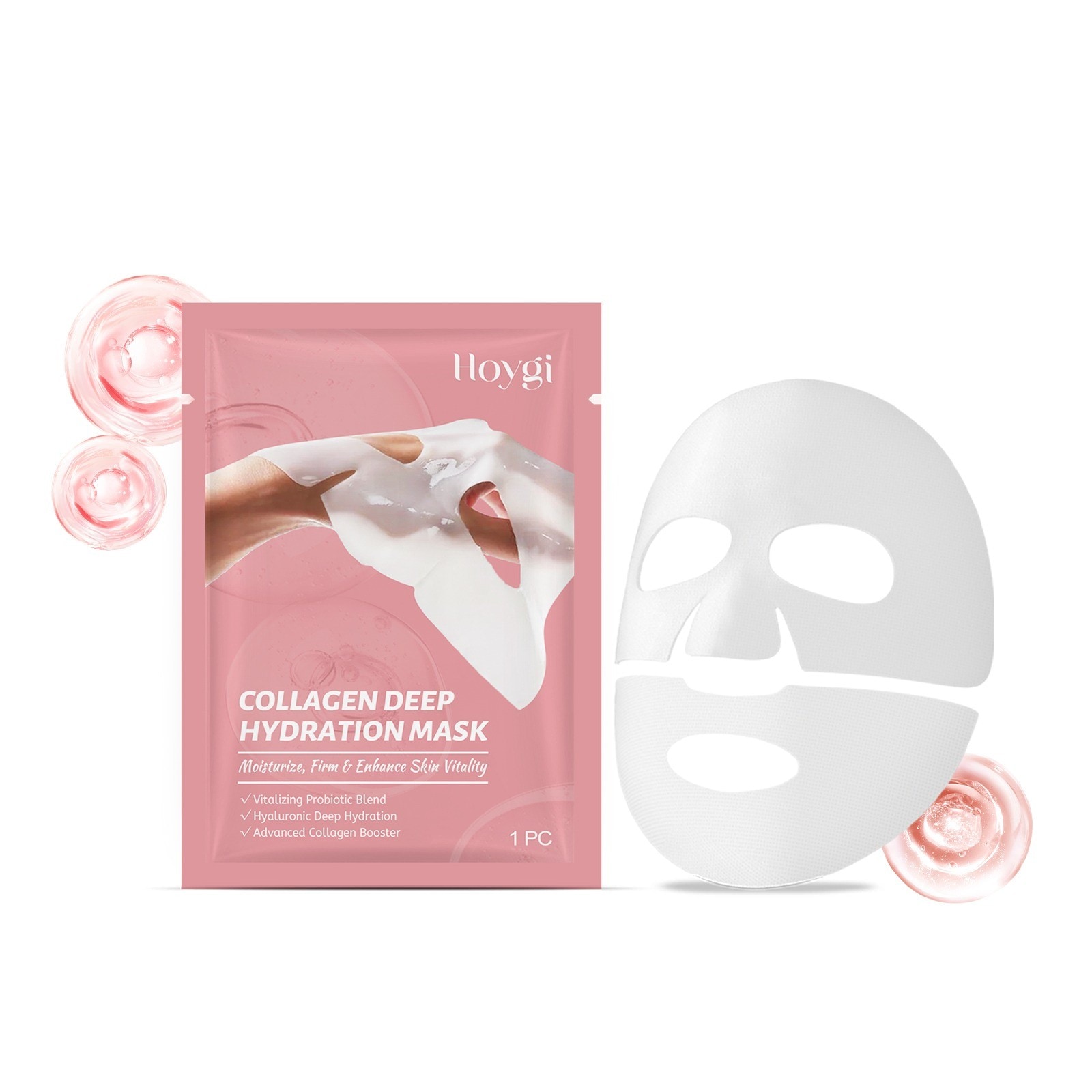 The Hoygi sachet next to the unfolded white mask sheet