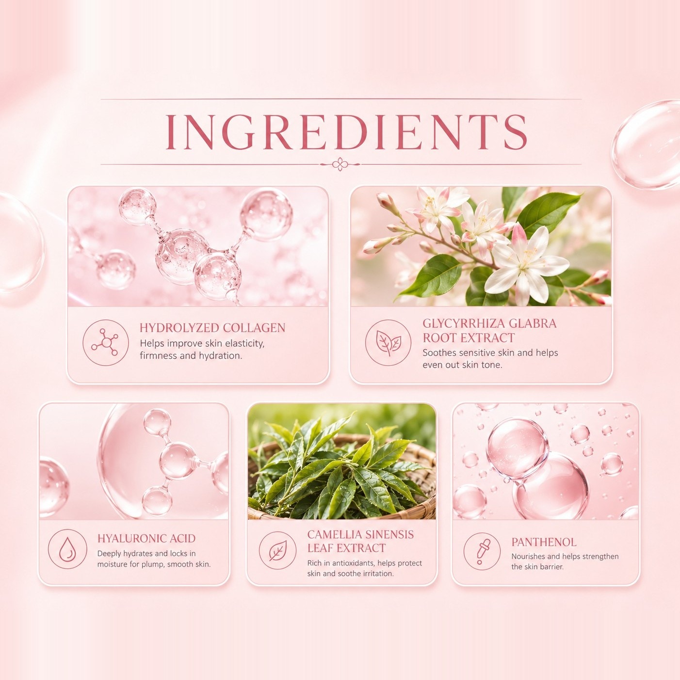 Ingredient panel: hydrolyzed collagen for elasticity, glycyrrhiza glabra root extract to soothe, hyaluronic acid to hydrate, camellia sinensis leaf extract for antioxidants, and panthenol to strengthen the skin barrier